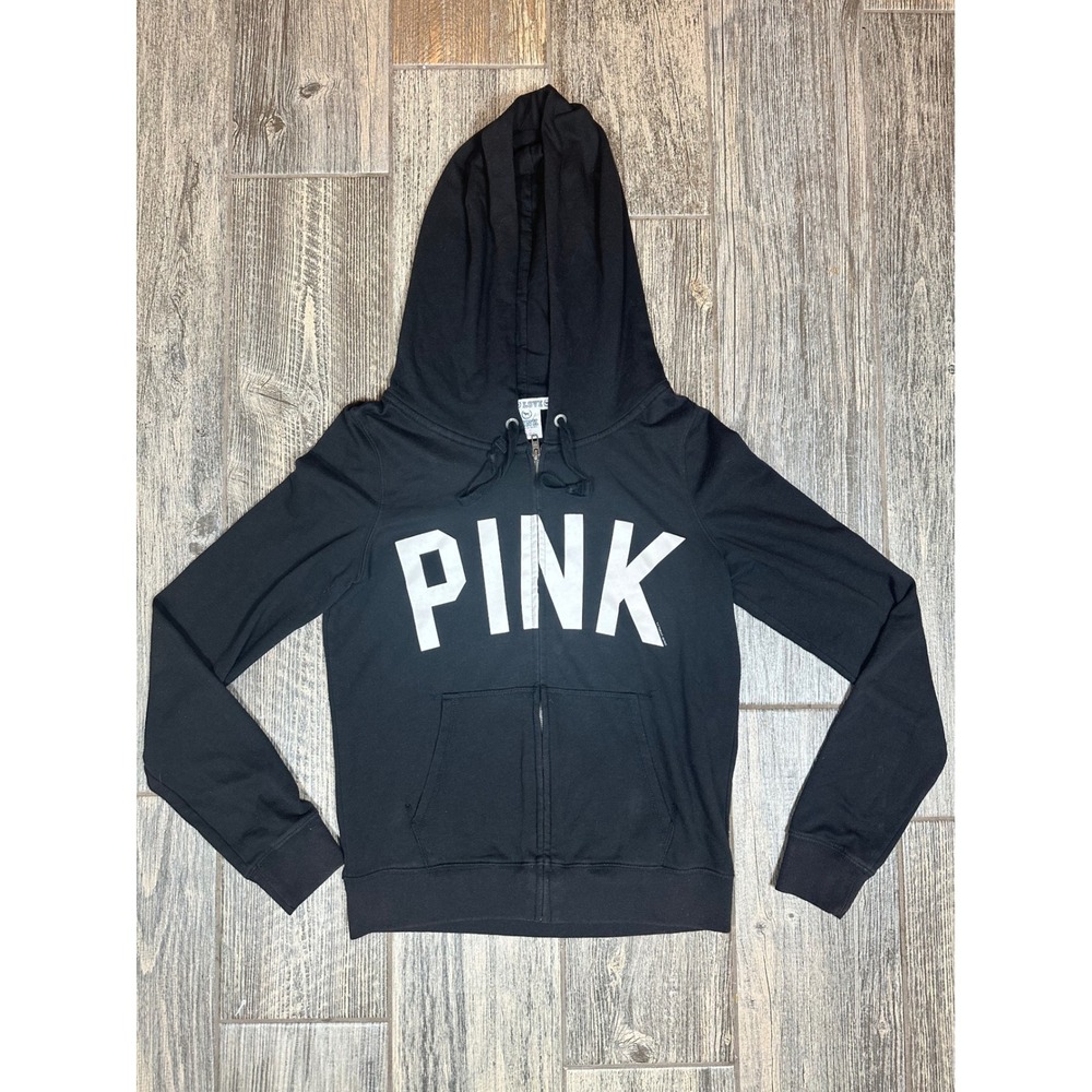 PINK Victoria's Secret Full Zip Hoodie Black Athletic Sweatshirt size‎ Large